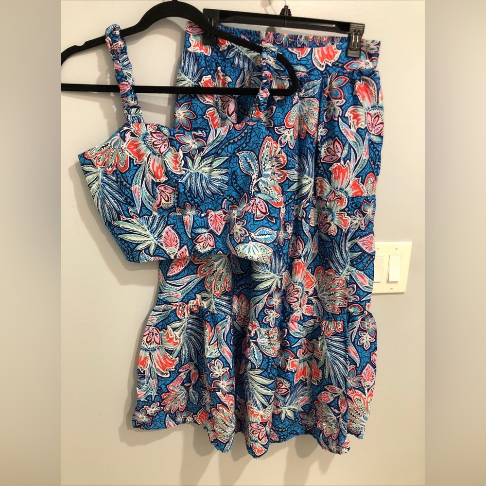 Rachel Zoe Set Crop Top & Midi Skirt Blue Floral Boho Tropical Women’s Size L